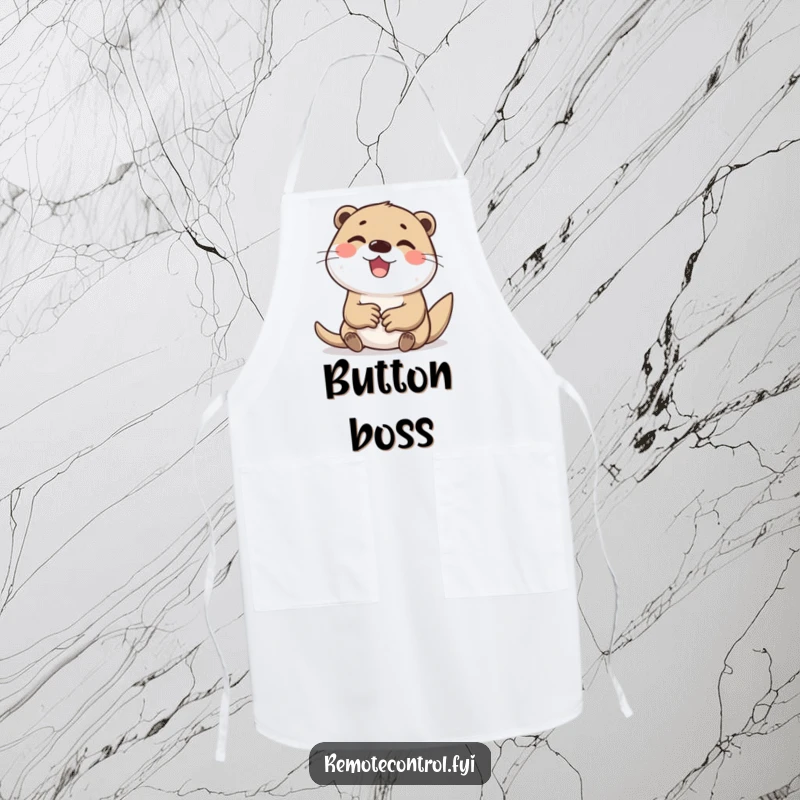 Funny apron with a delighted otter character enthusiastically and furiously tapping buttons, ready for kitchen action.