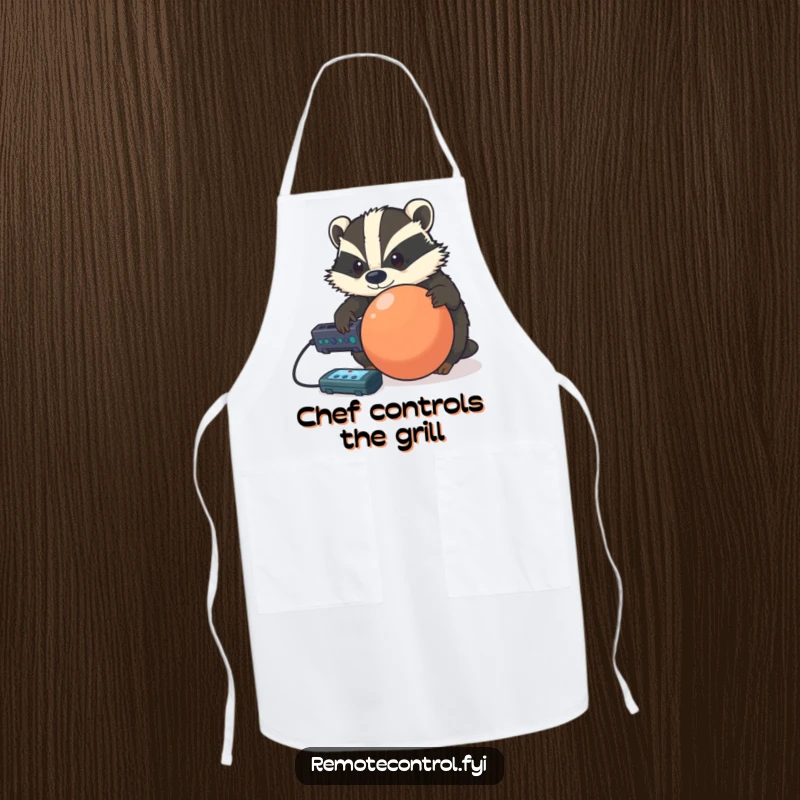 Funny determined badger controlling a rolling ball with a remote, on a humorous and practical kitchen apron.