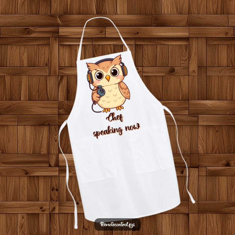 Funny owl wearing a headset, holding a remote like a microphone, gaming. Durable funny kitchen apron.