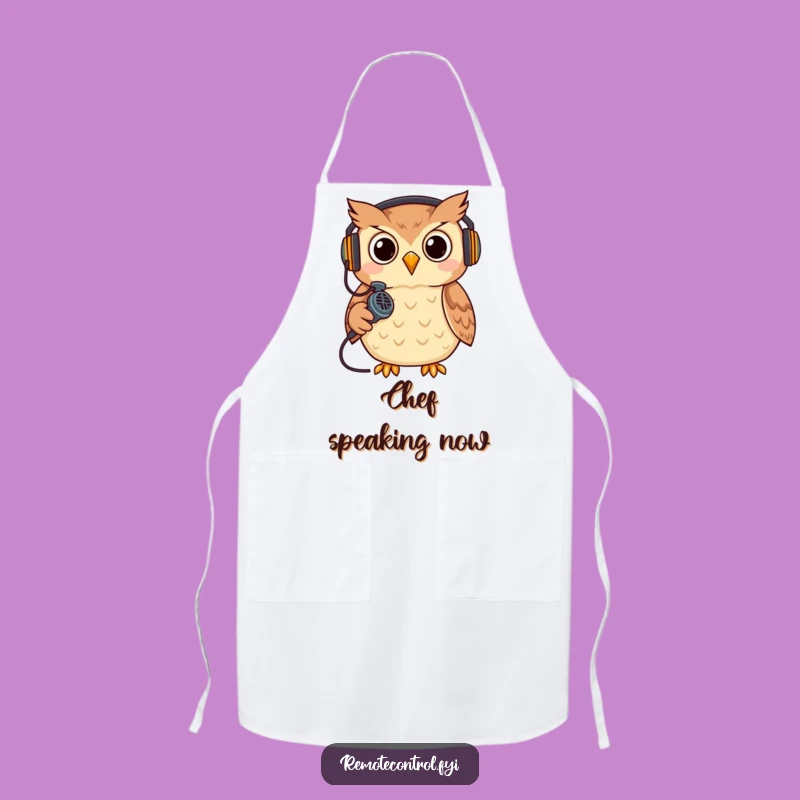 Funny Owl Gamer Apron: Cool headset owl with remote microphone, a perfect gift for kitchen gamers.