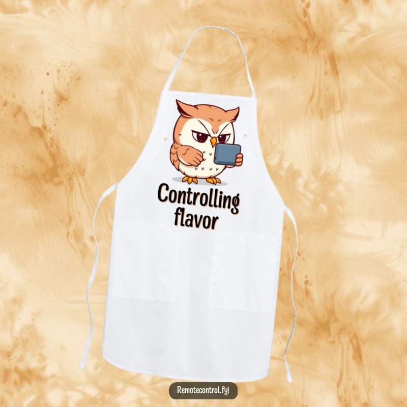 Funny owl apron showing a determined owl using a remote control, a humorous kitchen accessory for masters of control.