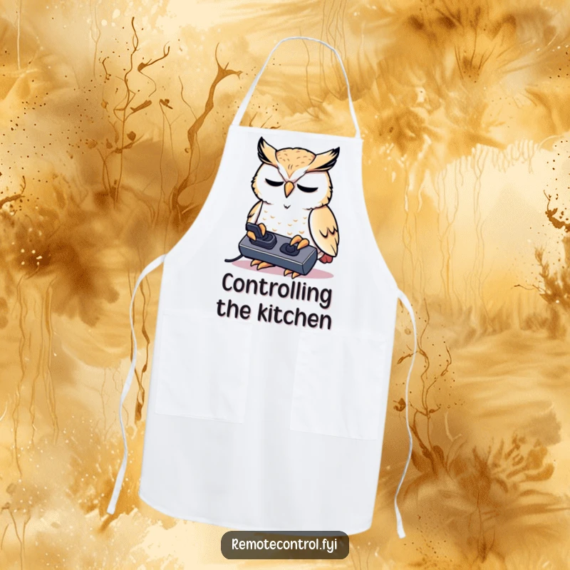 Funny kawaii owl concentrating intensely on a remote control on an apron.