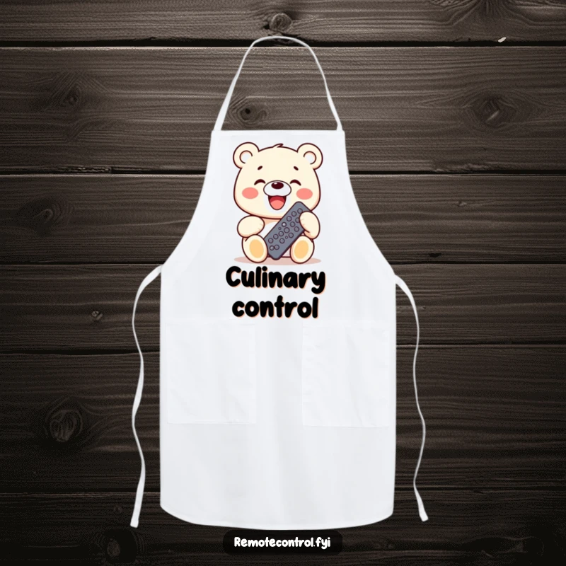 Funny Kawaii Bear Apron with a grinning bear holding a remote control with many buttons, for the kitchen commander.