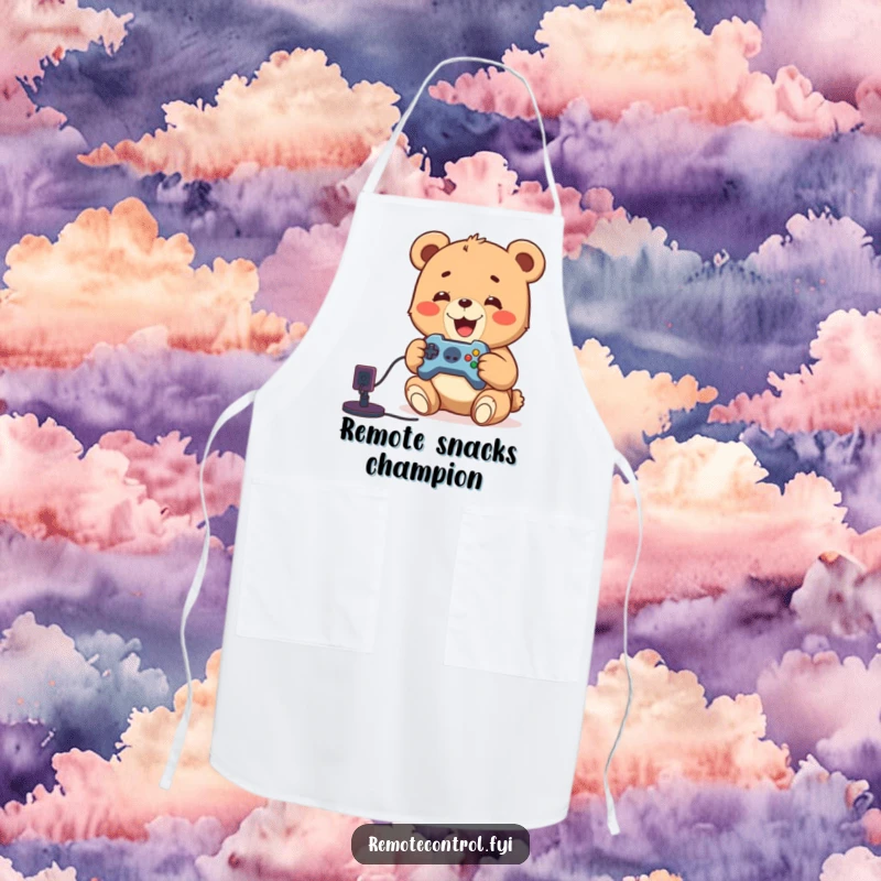 Funny apron showing a delighted bear cub holding a remote, ready to play games even while cooking, a humorous kitchen accessory.