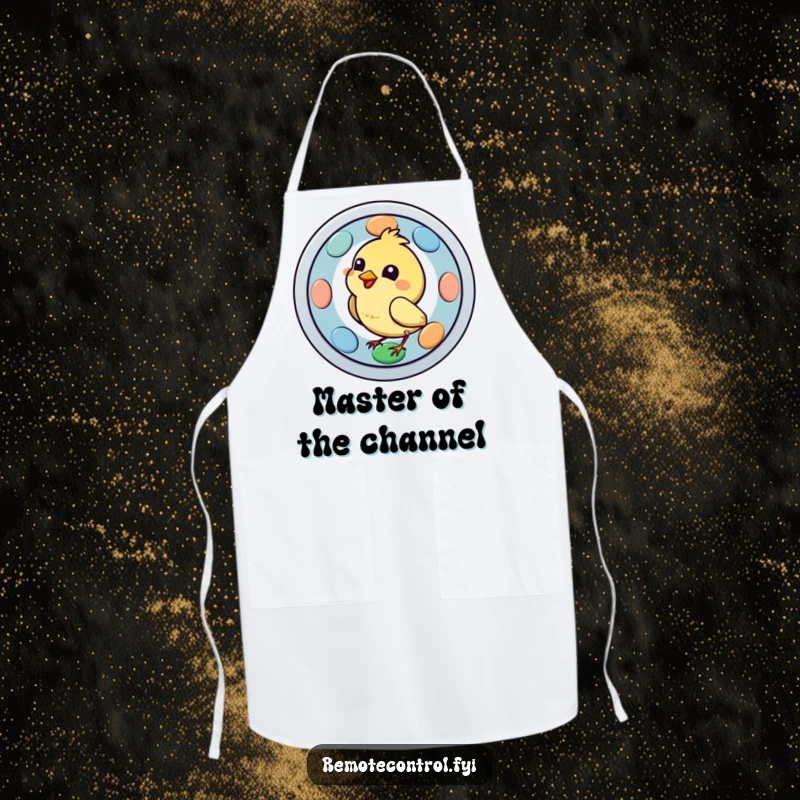 Funny bird character focused on pecking a large, colorful remote button on an apron, symbolizing a humorous distraction from cooking duties.