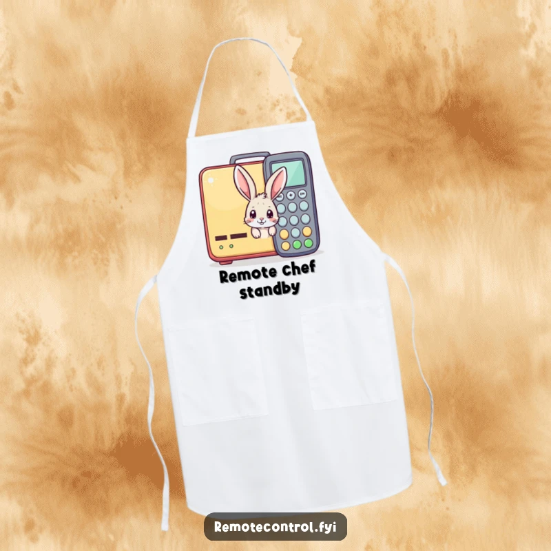 Funny apron featuring a curious bunny peeking from behind a giant remote control, ideal for humorous kitchen activities.