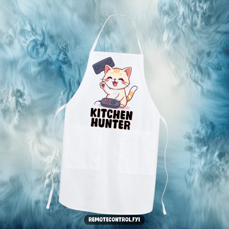 Funny Cat Remote Apron depicting a playful cat batting at a remote control with its paw, ready for kitchen fun.