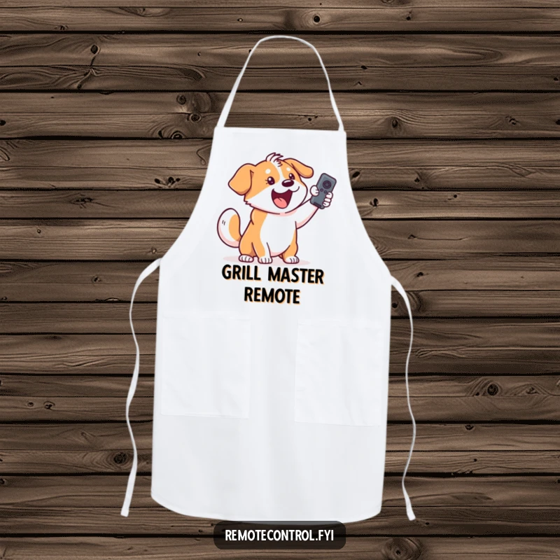 Funny dog apron featuring an excited dog with a wagging tail holding a remote control, perfect for kitchen fun.