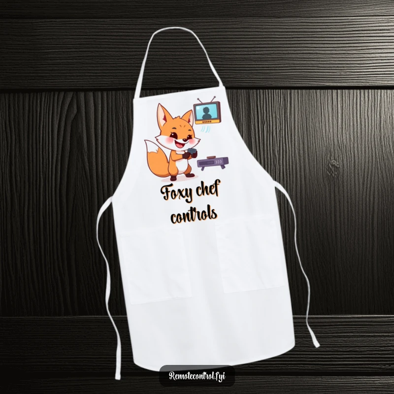 Funny fox apron featuring a mischievous fox with a grin and remote, perfect for kitchen antics.