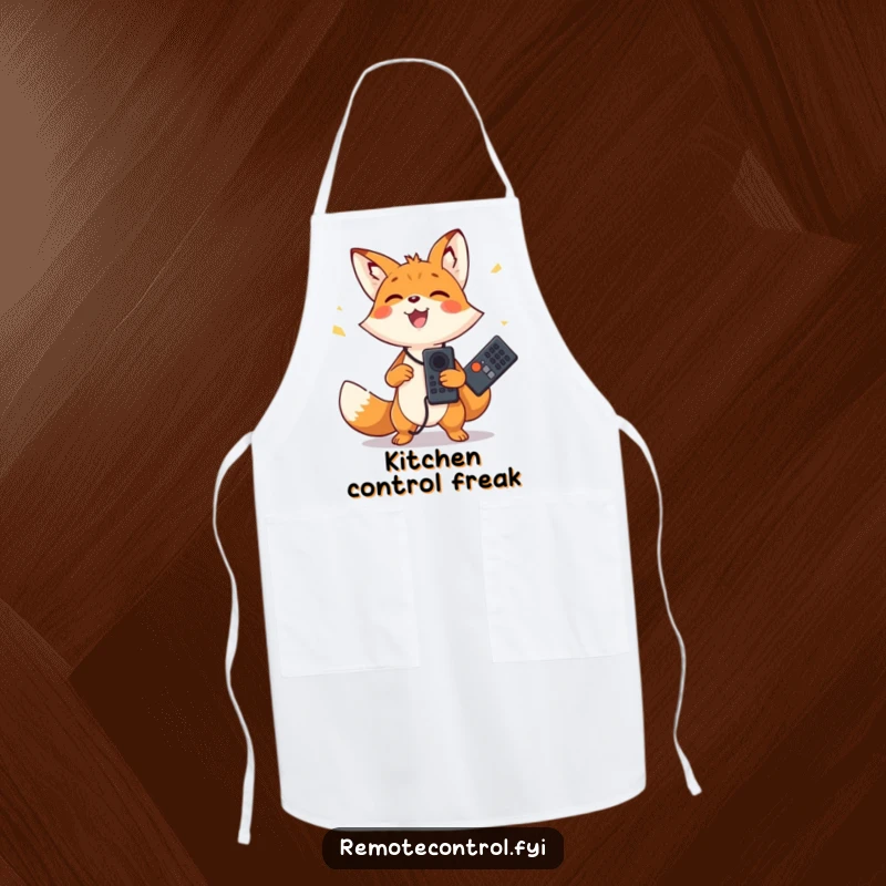 Funny apron with a happy fox character joyfully juggling two remote controls. Kitchen humor for cooks.