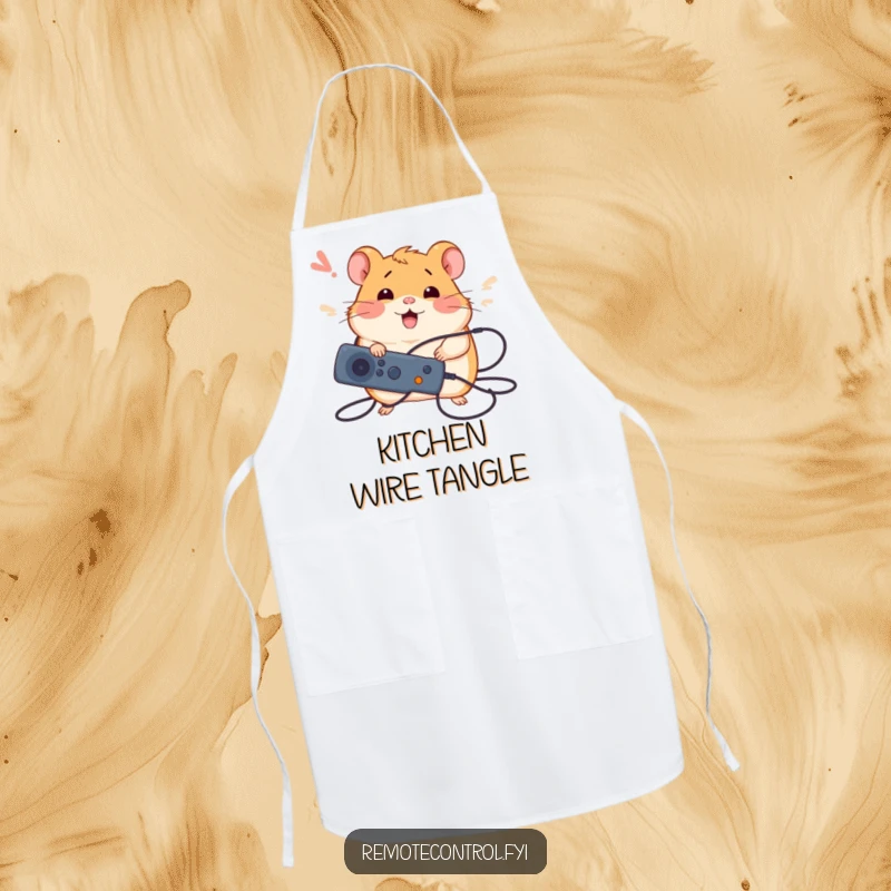 Funny apron showing a silly hamster tangled in wires, holding a remote with a happy sigh, a humorous kitchen accessory.