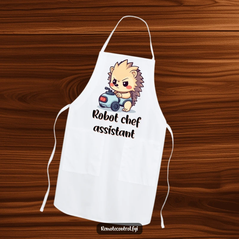 Funny kawaii hedgehog with a determined look controlling a tiny robot on an apron.