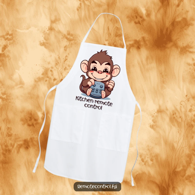 Funny monkey apron showing a mischievous monkey with a wide grin, disguised as a remote control for kitchen laughs.