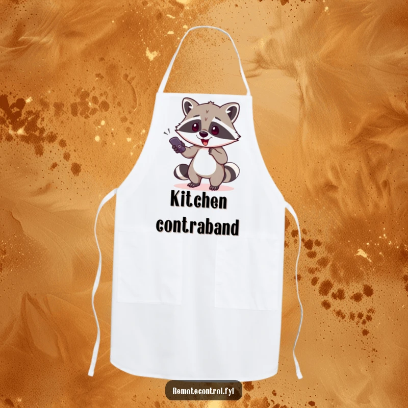 Funny raccoon character trying to sneak away with a TV remote on an apron, symbolizing a humorous disruption of culinary focus.