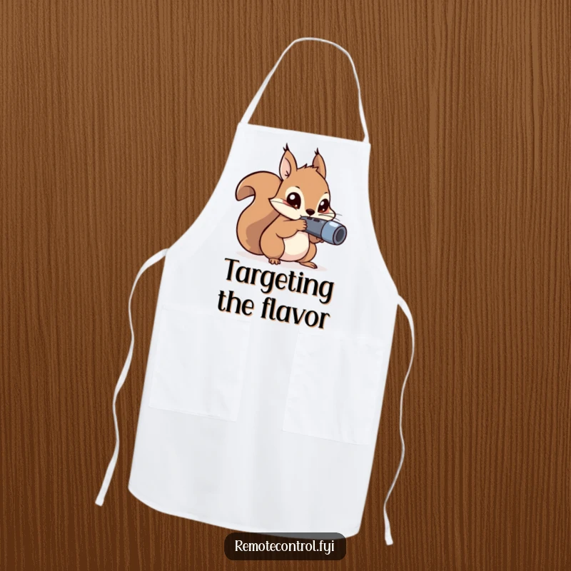 Funny kawaii squirrel with mischievous eyes aiming a remote control on an apron.