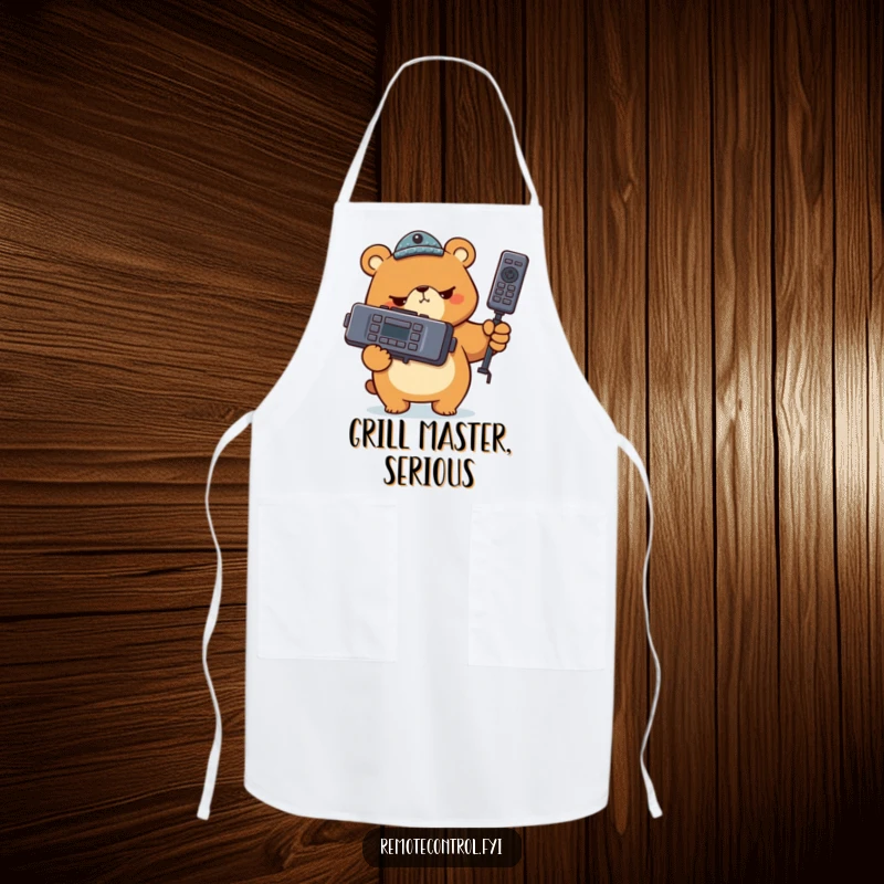 Funny bear character holding a giant TV remote with a serious look on an apron, symbolizing a humorous focus on culinary control.
