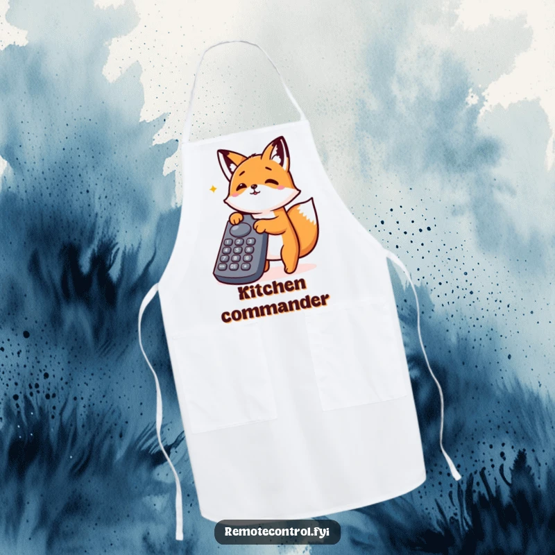 Funny Kawaii Fox Apron with an enthusiastic fox pressing many buttons on a large remote control, for the tech-savvy cook.