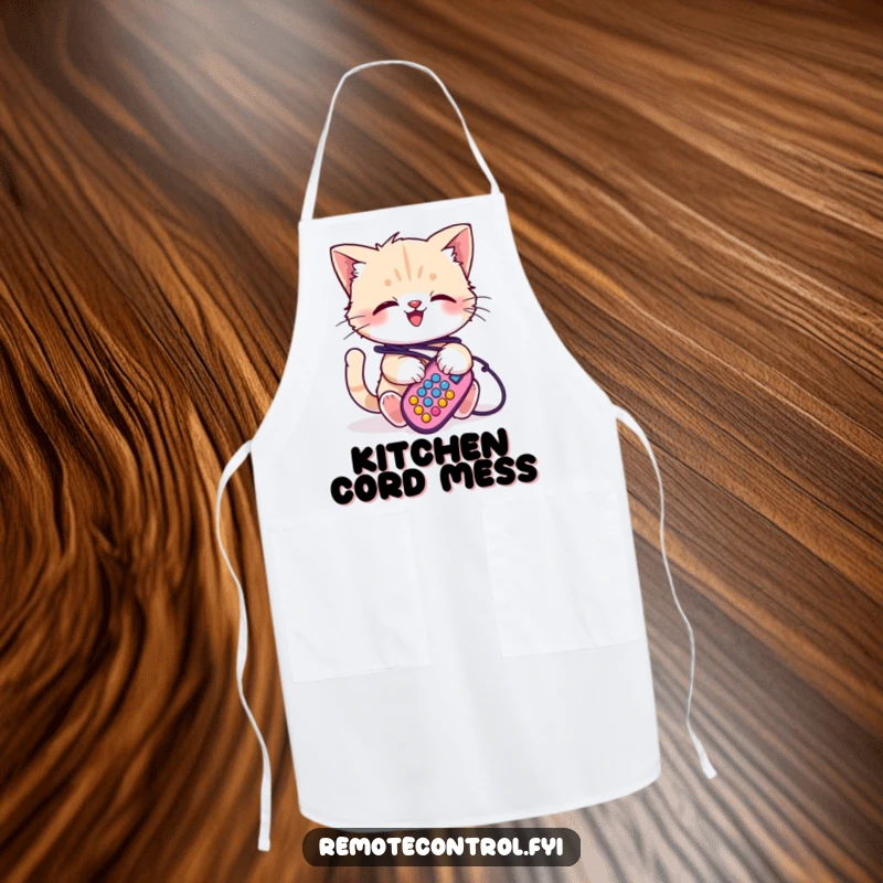 Funny kitten apron, a happy kitten character is tangled in remote control cords, bringing playful humor to the kitchen.