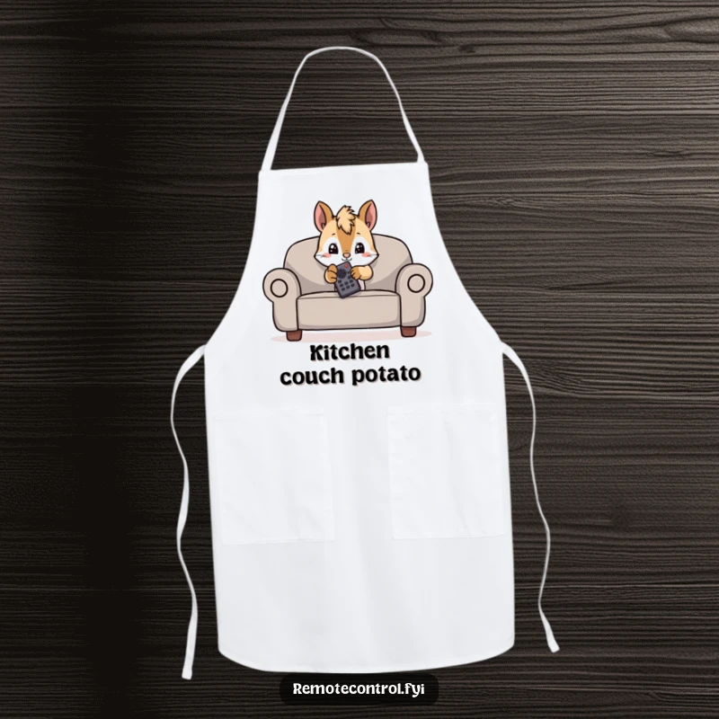 Funny apron featuring a mischievous squirrel character hiding behind a couch, peeking with a TV remote.