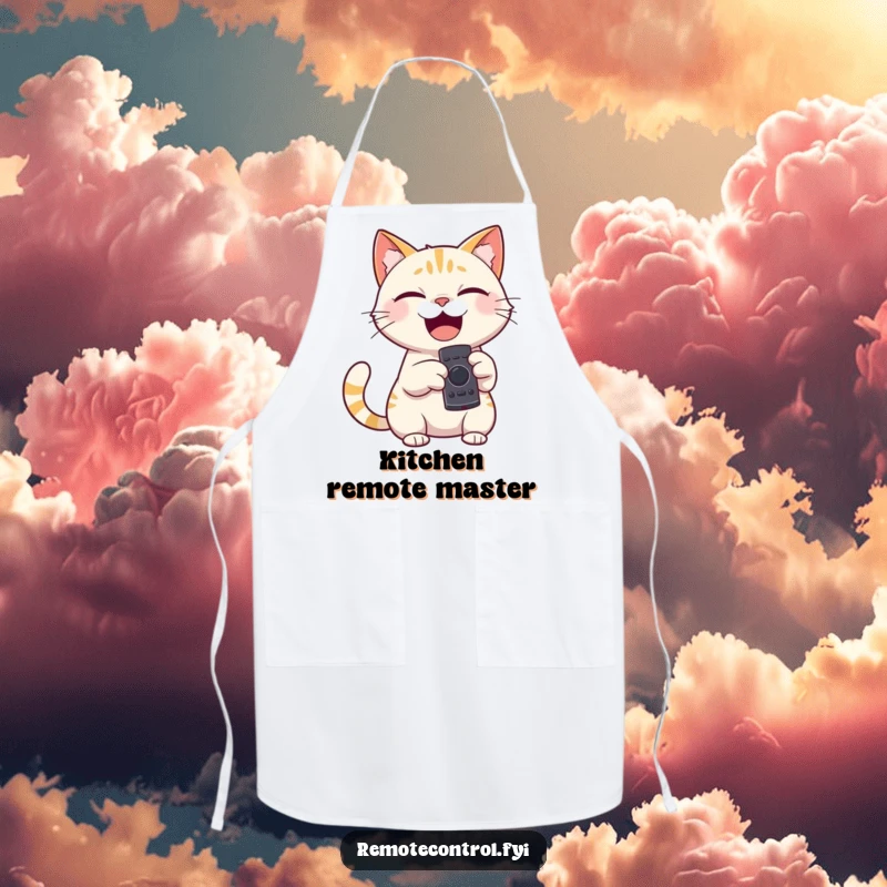 Funny apron of a giggling cat character holding a remote control, pointing it playfully, ready for kitchen adventures.
