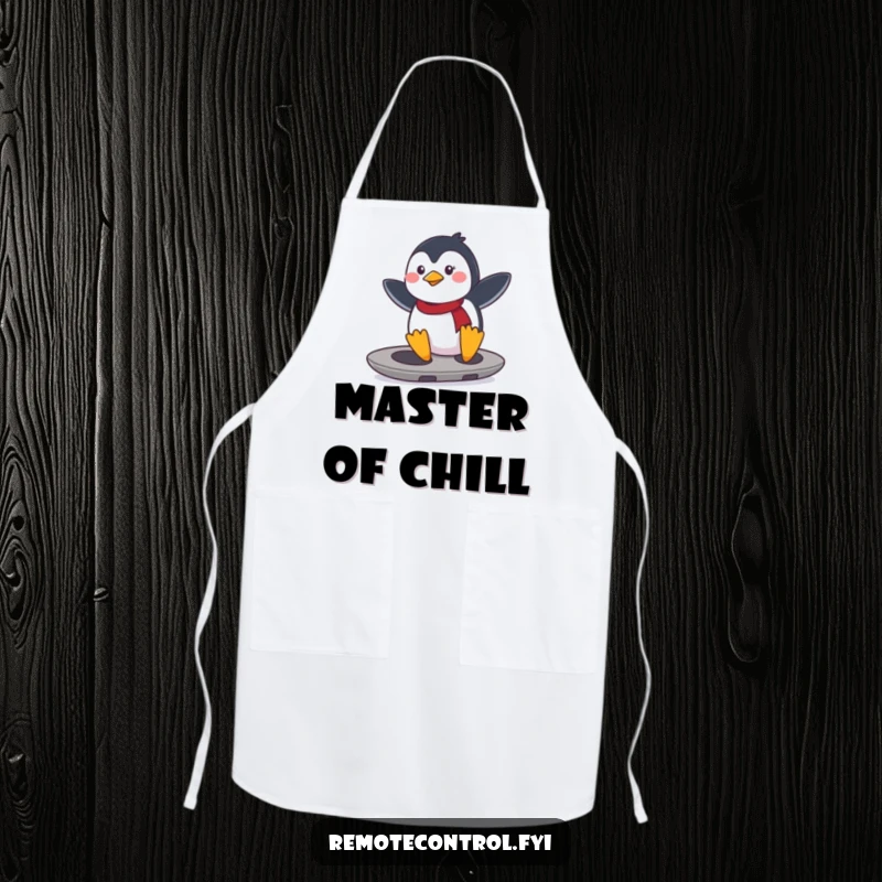 Funny determined penguin surfing on a remote control like a surfboard. Protective and funny apron.