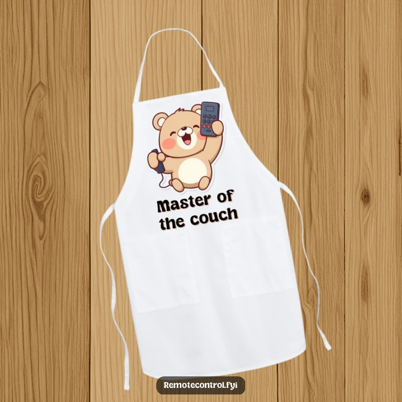 Funny apron with a delighted bear character holding a remote control upside down, ready to cook. Kitchen humor for chefs.