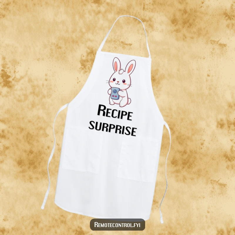 Funny Kawaii Rabbit Apron with a surprised rabbit holding a remote control and looking at a button, for the kitchen explorer.