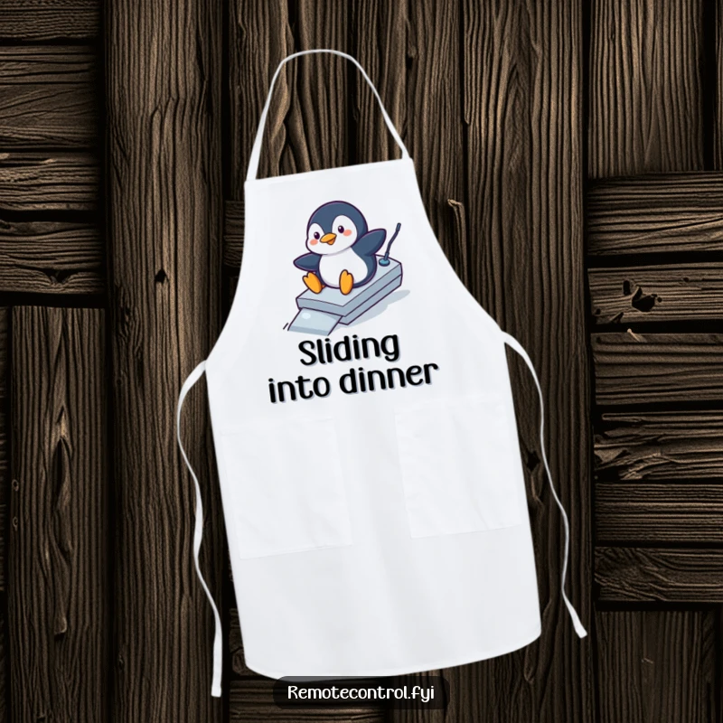 Funny penguin apron showing a playful penguin sliding down a remote control like a ramp, a humorous kitchen accessory.
