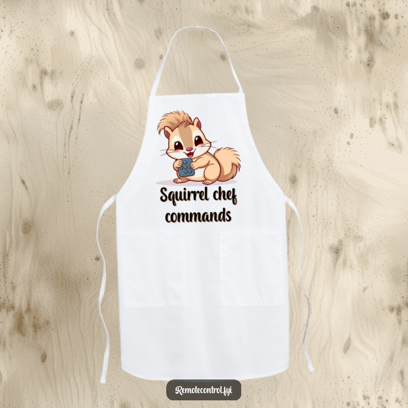 Funny giggling squirrel intently studying a remote control with large buttons on a kitchen apron.