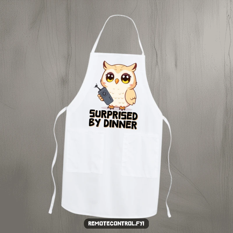 Funny Owl Apron: Shy owl character holding a TV remote with wide, surprised eyes, ideal for a cook who enjoys gentle humor.
