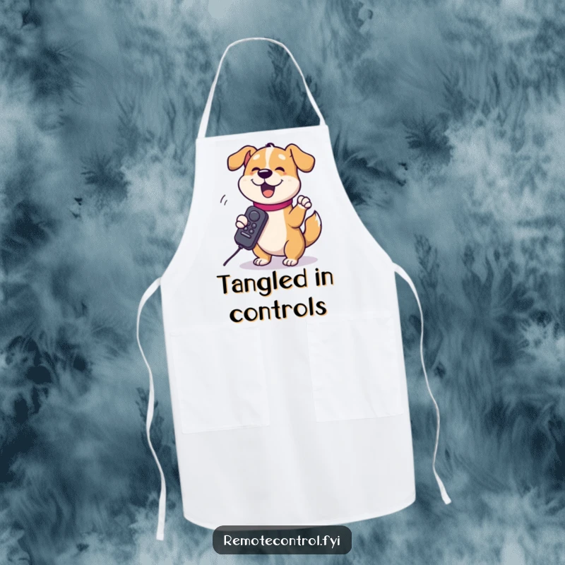Funny dog character spinning a TV remote around its paw with glee on an apron, symbolizing a humorous distraction from culinary tasks.