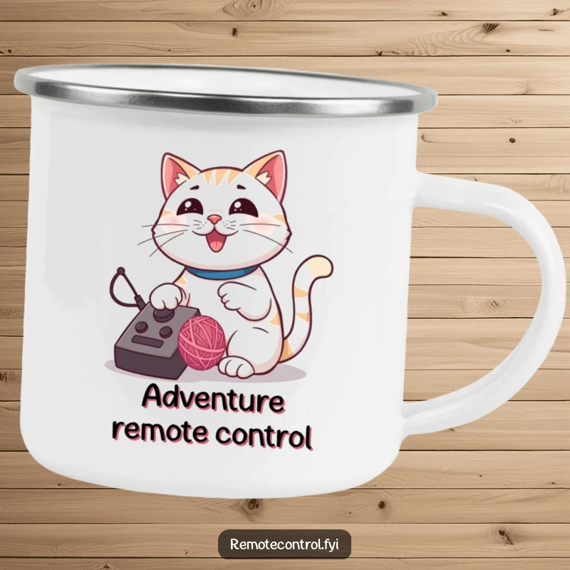 Funny cat camping mug showing a proud cat using a remote control to direct a bouncing yarn ball.