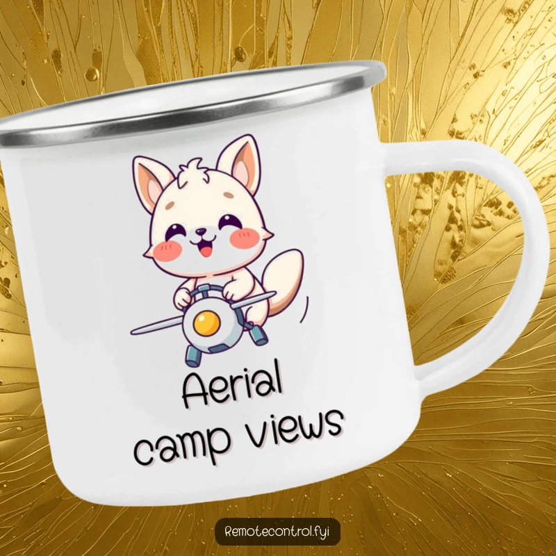 Funny camping mug featuring a happy animal character with focused joy, controlling a flying toy during an outdoor escapade.