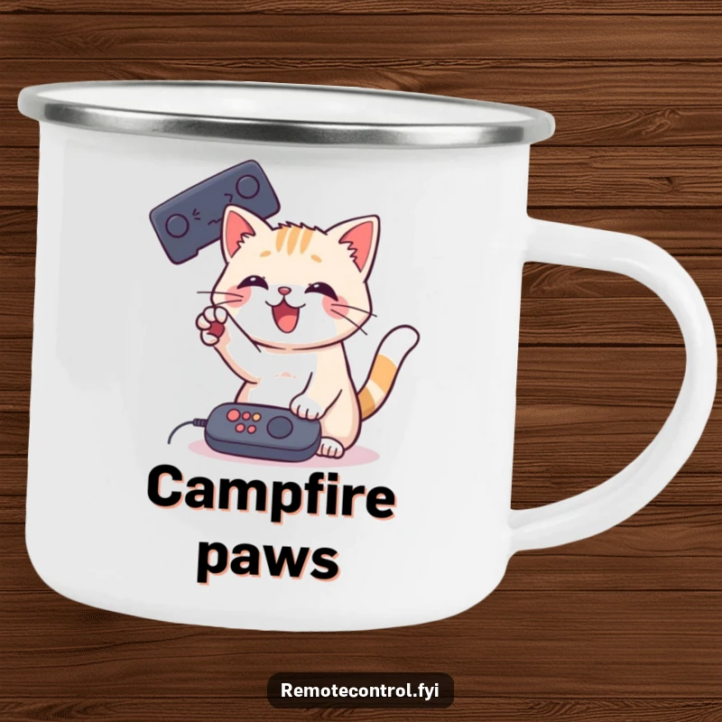 Funny Cat Remote Camping Mug with a playful cat batting at a remote control with its paw, perfect for outdoor fun.
