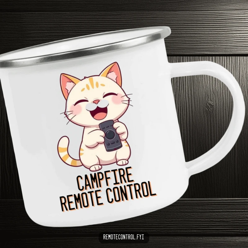 Funny camping mug of a giggling cat character holding a remote control, pointing it playfully, ready for outdoor enjoyment.
