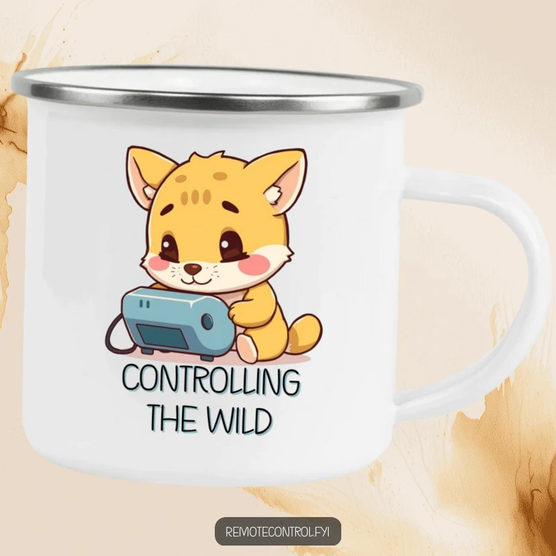 Funny camping mug showing a curious animal character intently examining a remote control, perfect for pondering the wilderness.
