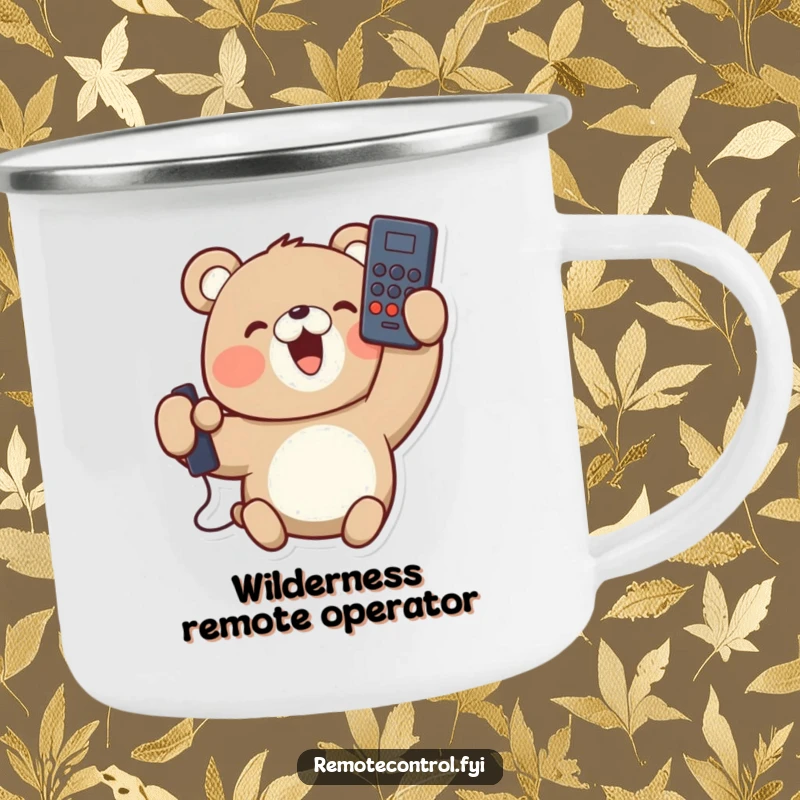 Funny camping mug with a delighted bear character holding a remote control upside down, enjoying the outdoors. Sturdy and amusing.