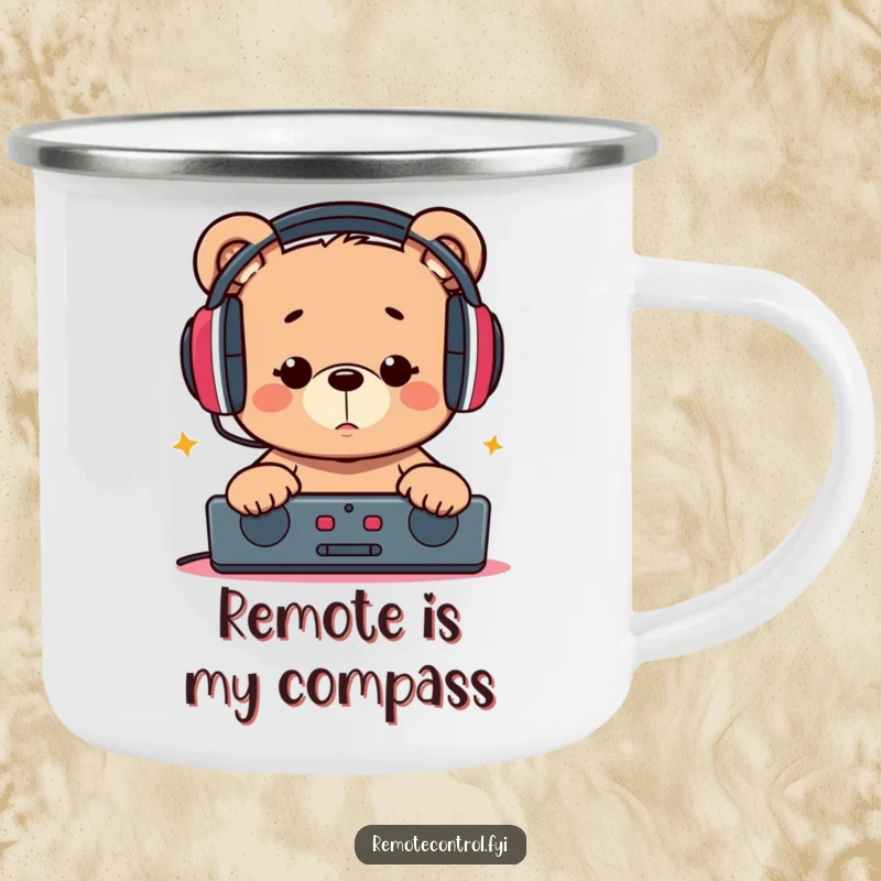 Funny enamel camping mug showcasing a bear with headphones, intently focused on a remote, ready for campfire stories and laughs.