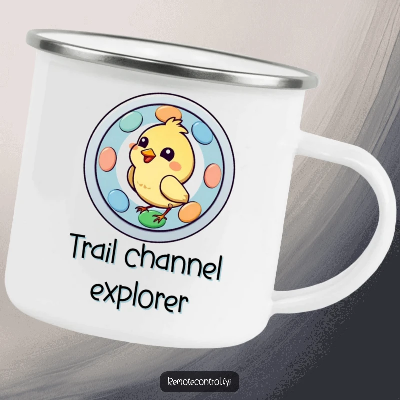 Funny bird character determinedly pecking a big, colorful remote button on a camping mug, illustrating a humorous twist on outdoor relaxation.