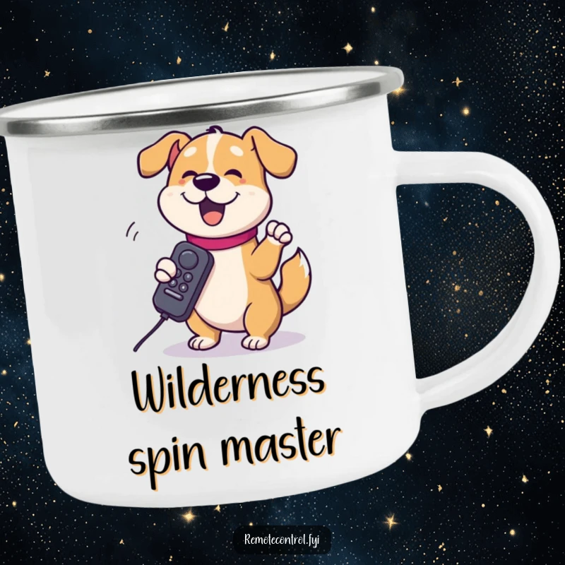 Funny dog character gleefully spinning a TV remote around its paw on a camping mug, illustrating a humorous twist on outdoor relaxation.