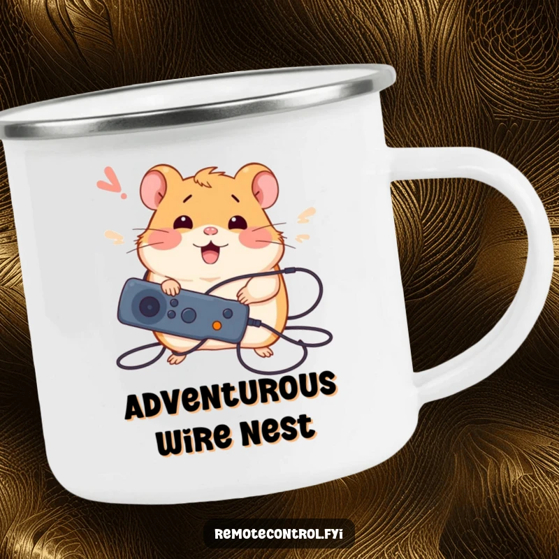 Funny camping mug with a silly hamster tangled in wires, holding a remote with a happy sigh, for outdoor tech relief.