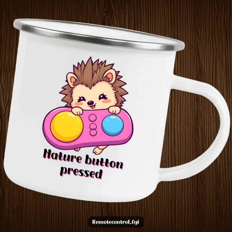 Funny hedgehog character pressing a button on a remote control, designed for a rugged and humorous camping mug.