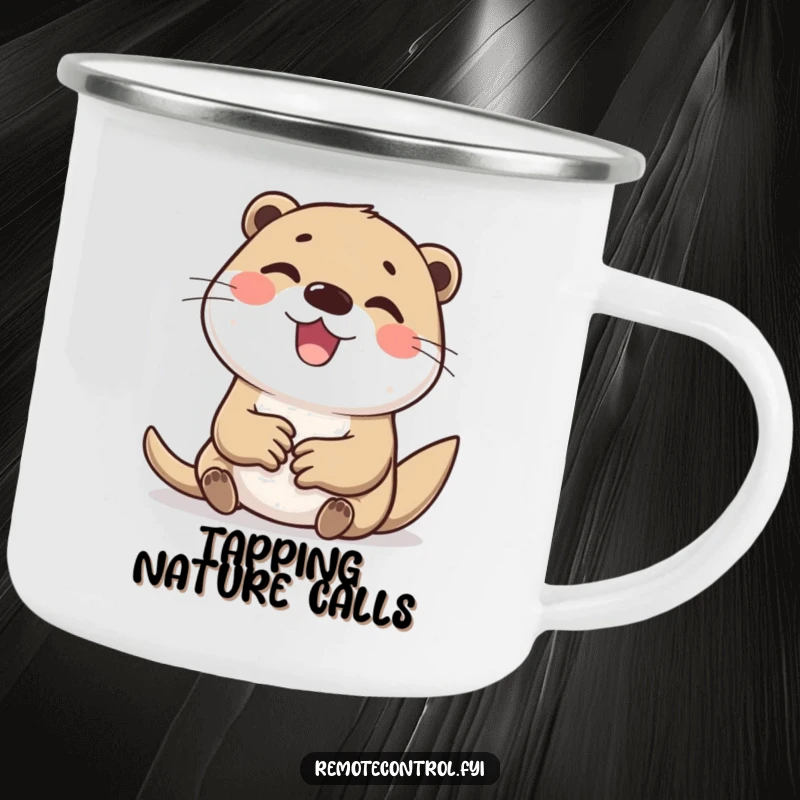 Funny camping mug showing a delighted otter character furiously tapping buttons, ready for outdoor fun and coffee.