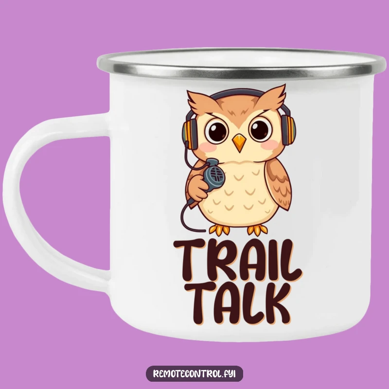 Funny Owl Gamer Camping Mug: Cool headset owl with remote microphone, a perfect gift for outdoor gamers.