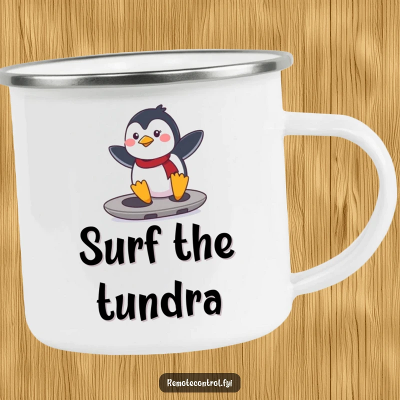 Funny determined penguin surfing on a remote control like a surfboard. Durable and funny camping mug.