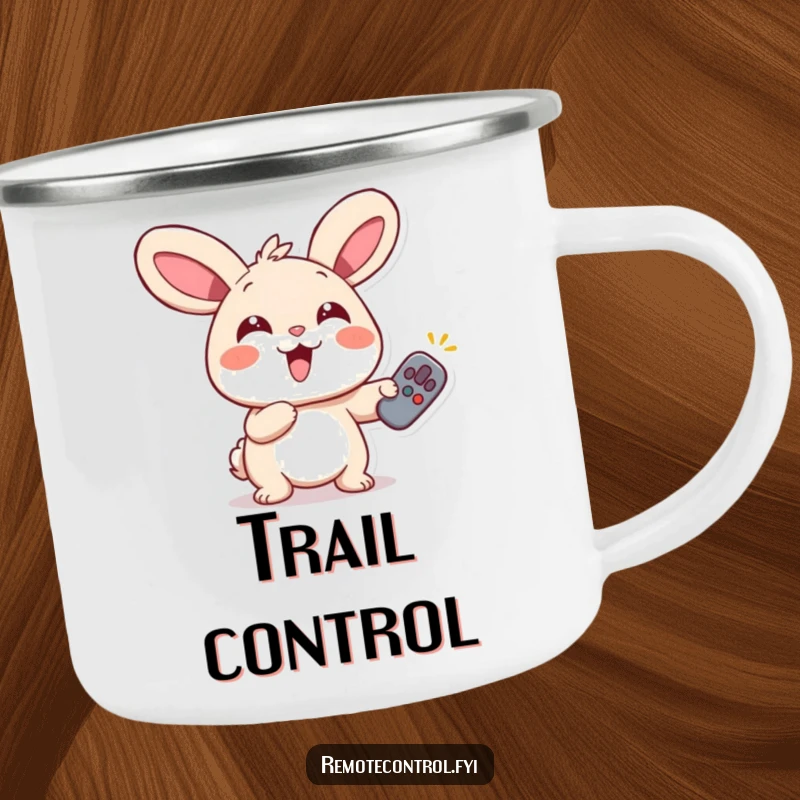 Funny Rabbit Remote Camping Mug with a giggling rabbit with wide eyes, pointing a remote, perfect for outdoor fun.