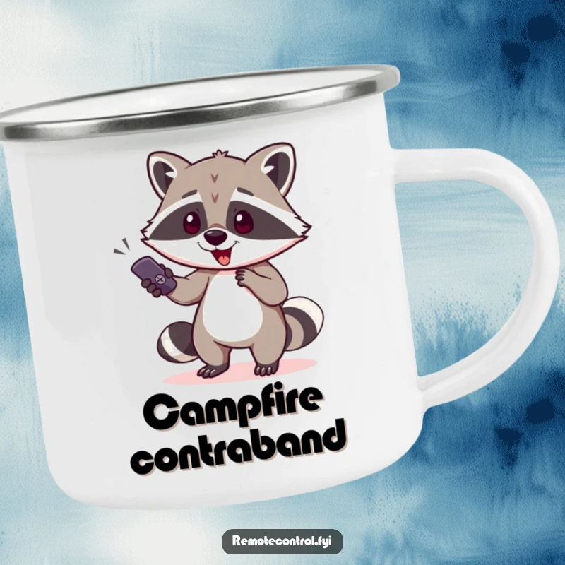 Funny raccoon character sneaking away with a TV remote on a camping mug, illustrating a humorous twist on outdoor relaxation and resourcefulness.
