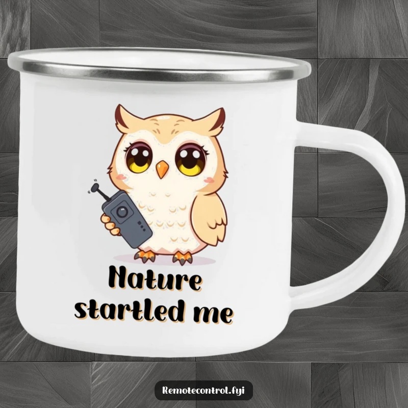Funny Owl Camping Mug: Shy owl character holding a TV remote with wide, surprised eyes, ready for outdoor relaxation.