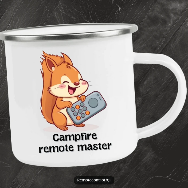 Funny squirrel camping mug, a delighted squirrel trying to operate a giant oversized remote, perfect for outdoor enthusiasts.