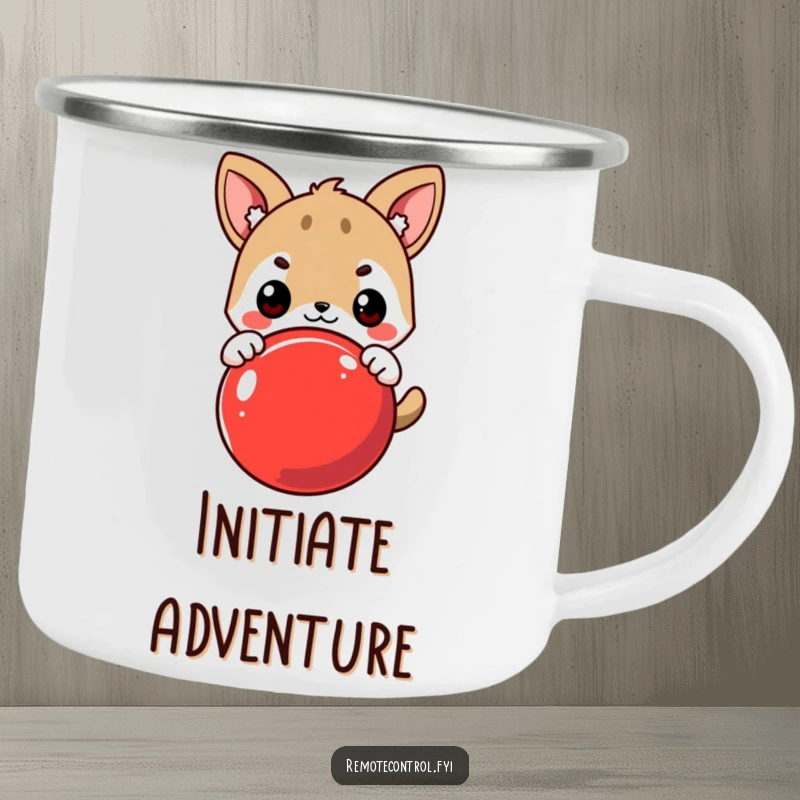 Funny Enamel Camping Mug: Cute Animal Character Eagerly Pressing a Large Red Button, Durable and Humorous.